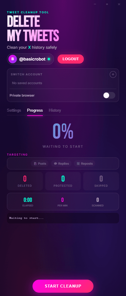 Delete My Tweets - Progress Tab