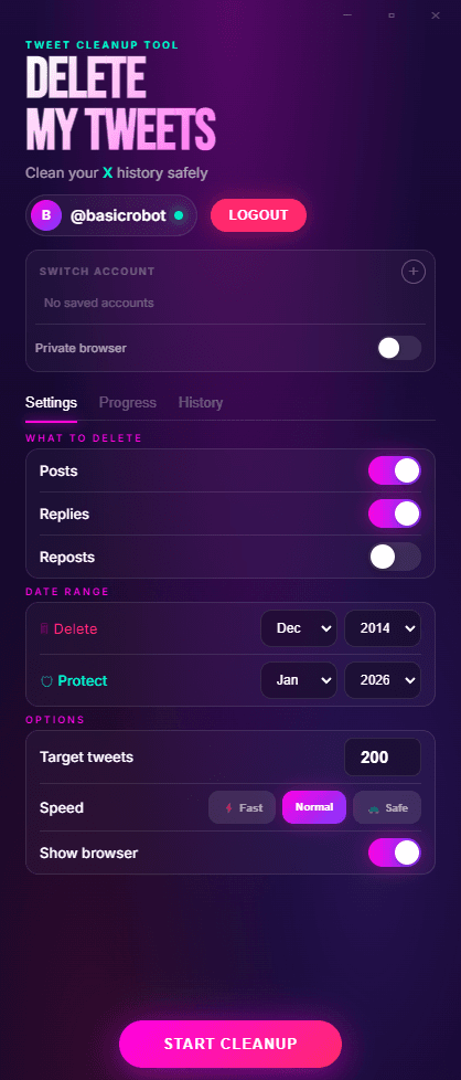 Delete My Tweets settings screen